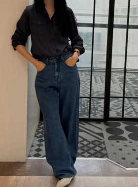 秒发！四季款韩国东大门25冬气质高腰显瘦蓝色牛仔裤女直筒长裤子