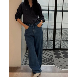 女直筒长裤 秒发 韩国东大门25冬气质高腰显瘦蓝色牛仔裤 款 子 四季