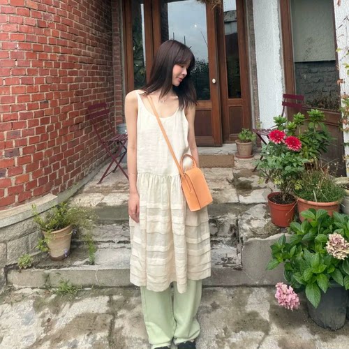 fermata法式复古叠穿吊带裙韩国2026夏季新款松紧腰苎麻连衣裙女