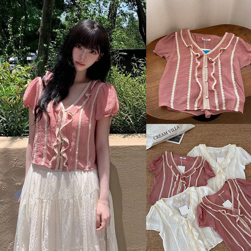 现货！甜妹天菜tannat荷叶边蕾丝短袖衬衫上衣韩国夏新款短裤套装
