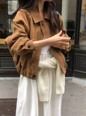 秒发！OBJET灯芯绒夹克韩国设计师25秋冬美拉德棕翻领拉链外套女