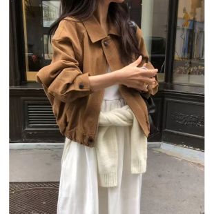 现货 OBJET灯芯绒夹克韩国设计师26春美拉德棕翻领拉链外套女