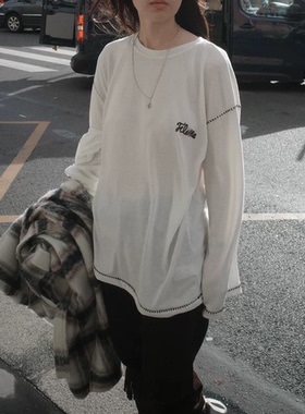 秒发！韩国fletta2026春季新款宽松圆领套头撞色明线长袖棉T恤女