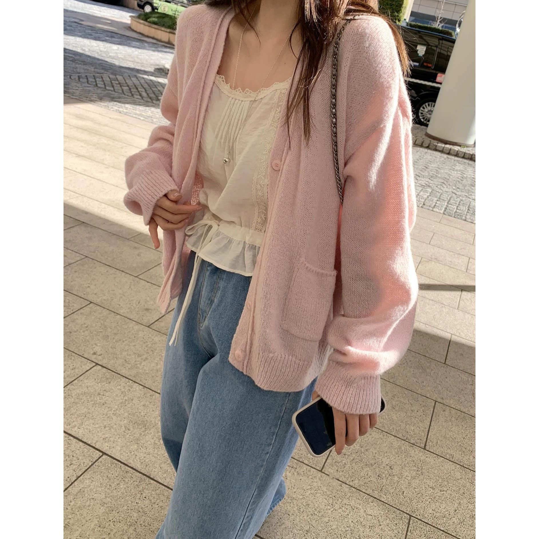 慵懒设计感26春季新款韩国口袋针织开衫蕾丝花边吊带背心女