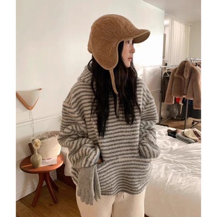 秒发!撞色条纹摇粒绒卫衣2026春韩国fu*e慵懒休闲复古连帽外套女