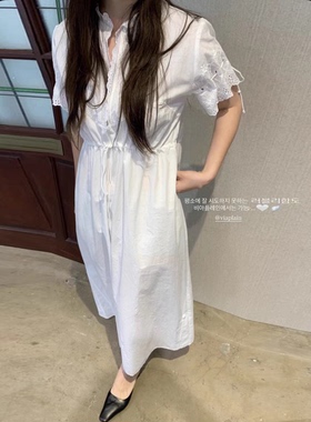 韩系蕾丝抽绳收腰显瘦连衣裙东大门2026夏季新款白色短袖长裙女