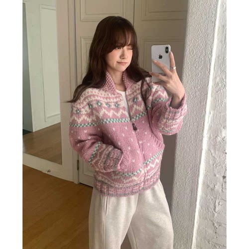 RIVEROOM费尔岛针织毛衣韩国2026秋冬新款翻领提花拉链开衫外套女