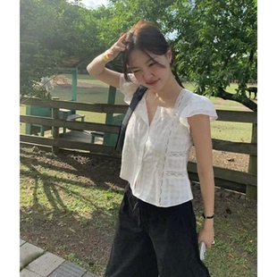 现货！韩国Tannat甜美温柔蕾丝拼接方领衬衫26夏新款喇叭袖上衣女
