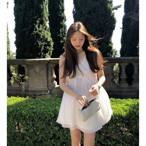 现货！OUNCE韩系甜美温柔背心裙26夏季新款纯色U领显瘦A字连衣裙