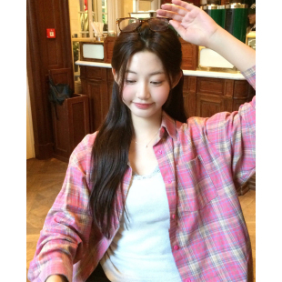 韩国慵懒感宽松休闲长袖 春新品 上衣女 甜美蜜糖粉色格纹衬衫 现货