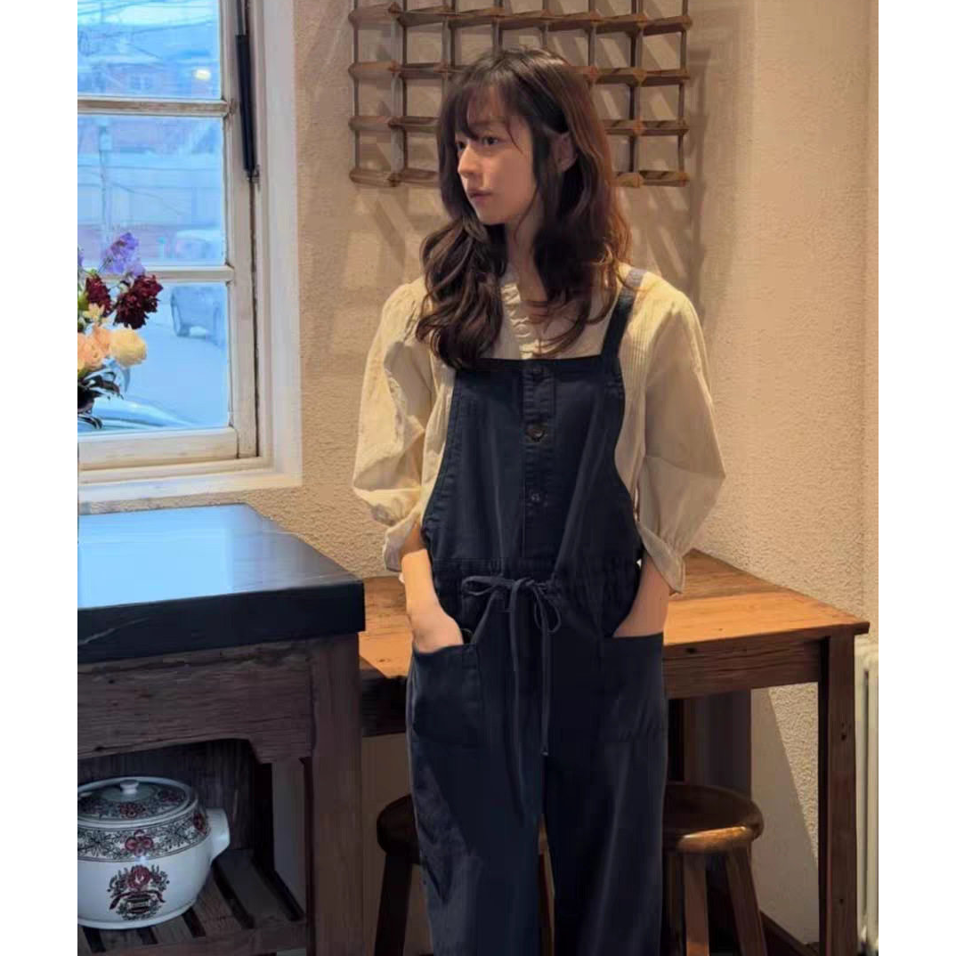 现货！viaplain深蓝色背带裤女韩国26夏季新款休闲显瘦抽绳长裤子