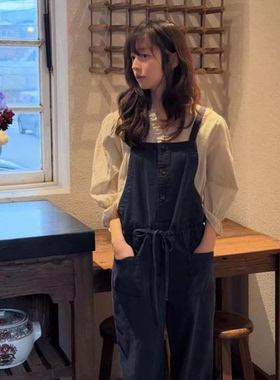 viaplain深蓝色背带裤女韩国2026春季新款休闲显瘦抽绳连体长裤子