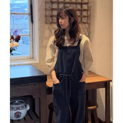 秒发！viaplain深蓝色背带裤女韩国26春新款休闲显瘦抽绳长裤子