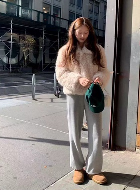 秒发！OUNCE加绒卫裤女2026冬装新款韩国休闲舒适保暖抽绳长裤子