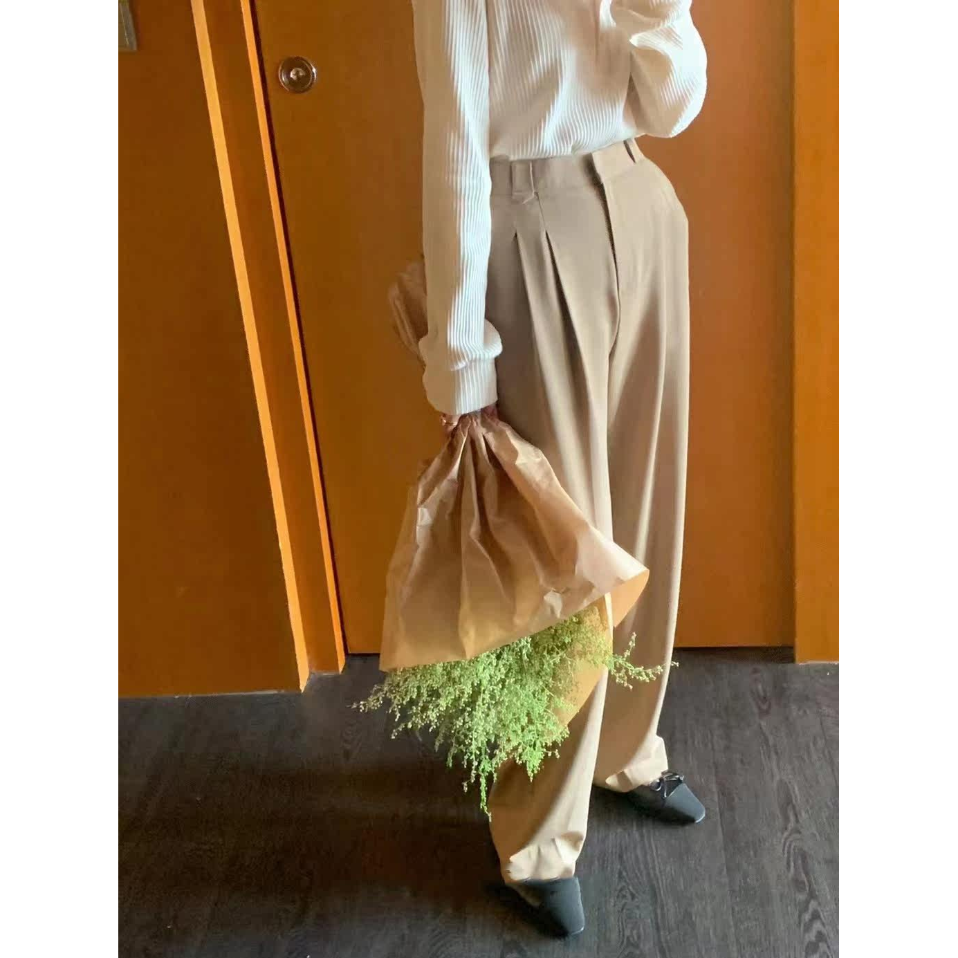 大促清仓！通勤OL风卡其色休闲裤女韩国夏新款褶皱西裤直筒长裤子
