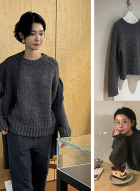 秒发！手工针织羊毛毛衣2026韩国设计师Lfm轻盈感粗线圆领上衣女