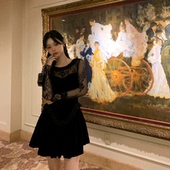 高级感蕾丝拼接天鹅绒连衣裙女韩国seooocook e收腰百褶裙