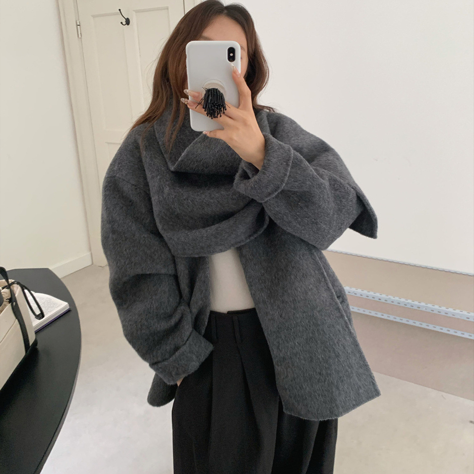 秒发！设计师款双面手缝围巾斗篷大衣韩国25秋冬宽松披肩毛呢外套