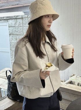 秒发！荷静同款ged复古风25春秋韩国条纹夹克双面穿长袖上衣外套