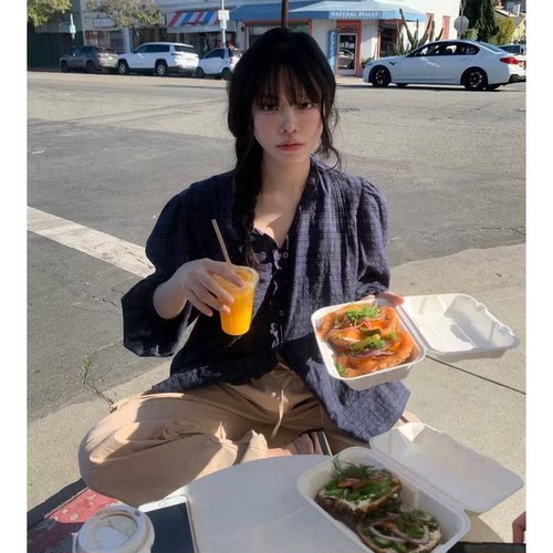 现货！申有娜同款韩国withoutsumer少女风木耳边垂感格纹长袖衬衫