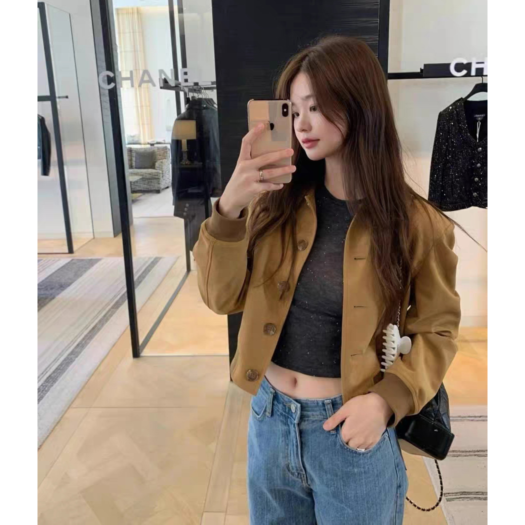 秒发！闭眼入2025秋韩国veget*ble复古翻领单排扣短款夹克外套女
