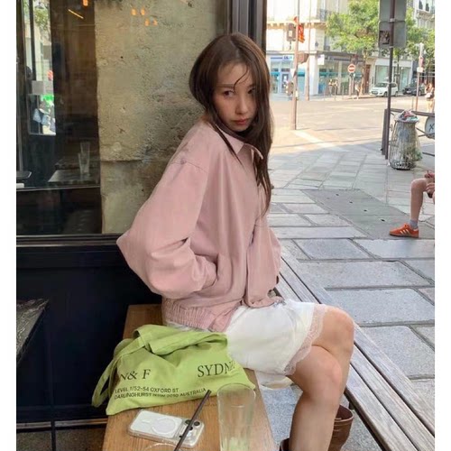 atelier *dition刺绣字母拉链夹克韩国26秋季新款粉色工装外套女