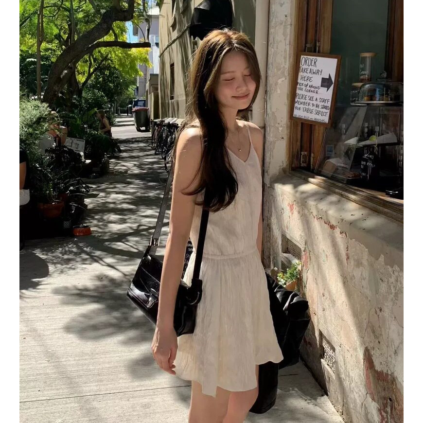 秒发！OUNCE吊带裙26夏韩国叠搭推荐V领抽绳收腰褶皱连衣裙可外穿