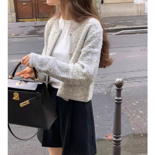 毛呢外套 短款 现货 OUNCE韩国25秋冬气质温柔小香风灰色针织开衫