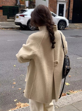 秒发！高质感25冬韩国设计师over*ake复古设计感羊驼毛大衣外套女