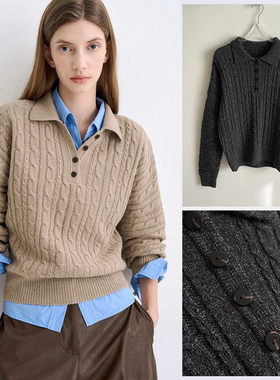 秒发！韩国设计师25冬新款#TIME复古麻花工艺翻领羊毛针织毛衣女