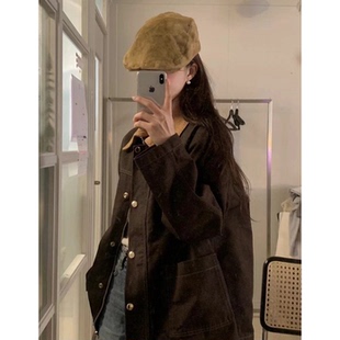 秒发!老钱风26春韩国东大门OBJET复古撞色翻领宽松金扣夹克外套