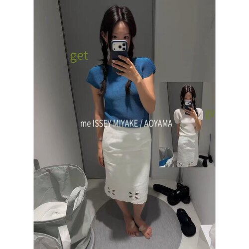 fever同款韩国2026夏季新款白色镂空刺绣半身裙女+阔腿休闲长裤子