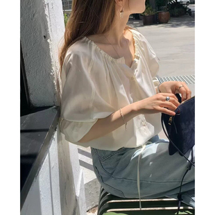韩国收腰下摆纯色长袖 新款 上衣女 2026春季 OUNCE抽绳圆领天丝衬衫
