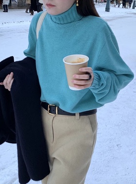 秒发！美娜家高领羊毛针织衫韩国lerobe2025冬慵懒纯色长袖毛衣女