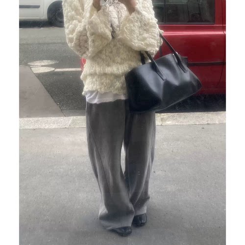 秒发！松弛感加绒卫裤女韩国设计师Lond*n flat冬加厚休闲长裤子