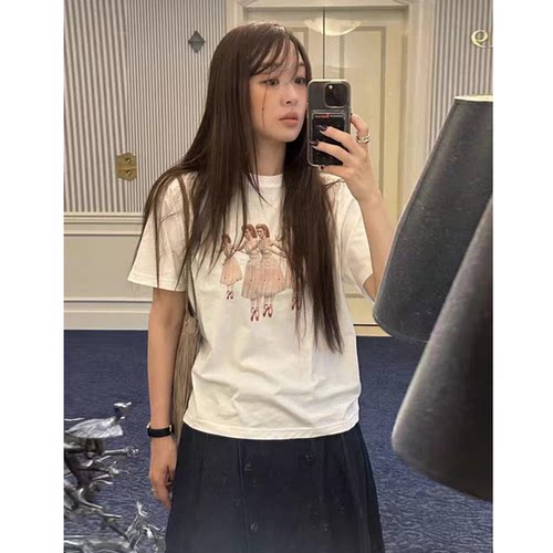 秒发！fletta芭蕾女孩印花T恤26春新款韩国设计师宽松短袖上衣
