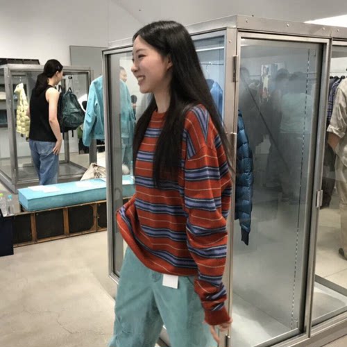 现！999hum*nity复古撞色条纹羊毛毛衣韩国秋新款圆领针织上衣女