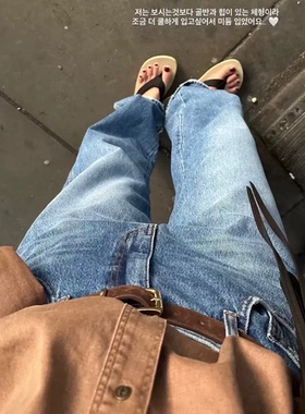 秒发！荷静同款25秋冬韩国ged复古水洗高腰显瘦宽松直筒牛仔长裤