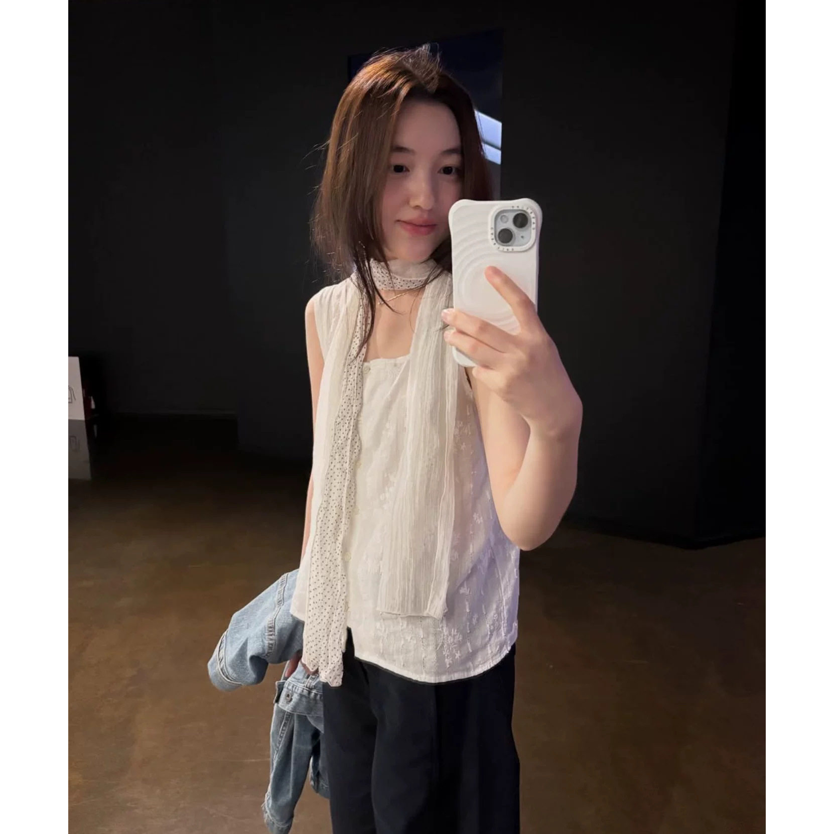 李锦华同款拼接波点围巾韩国东大门2026夏季新款丝巾围条女