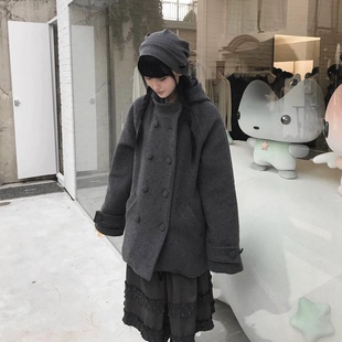 现！hugyours日系双排扣连帽羊毛大衣韩国秋冬中长款厚毛呢外套女