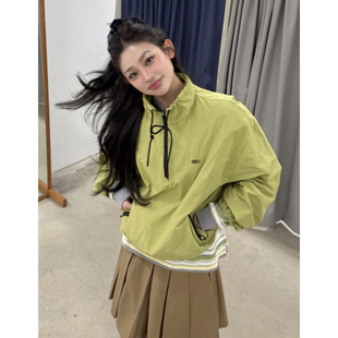 林娜琏同款2026春季新款宽松休闲百搭立领半拉链夹克上衣外套女