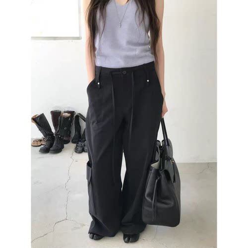 NUESE极简工装休闲裤韩国26秋季新款抽绳高腰大口袋长款弯刀裤女