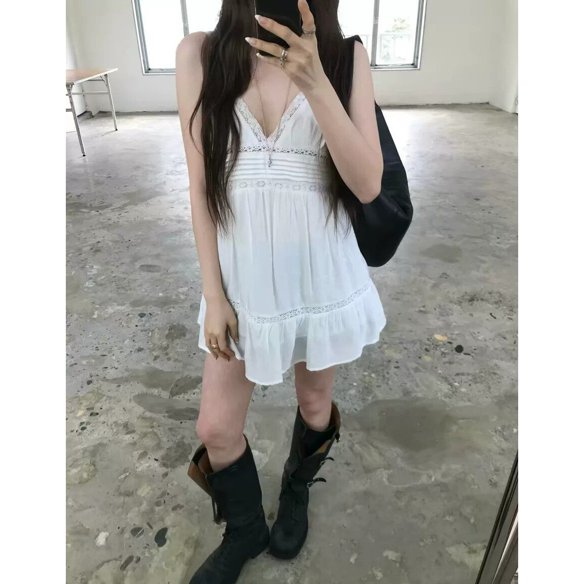 现货！高品质韩国26夏季新款nuese叠穿蕾丝花边纯色吊带连衣裙女