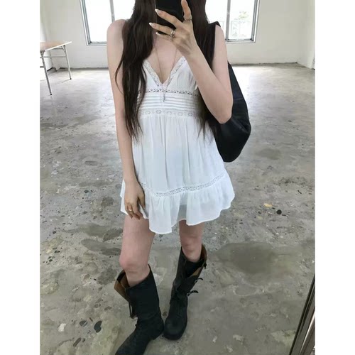 高品质！韩国26春夏新款nuese叠穿蕾丝花边纯色无袖吊带连衣裙女
