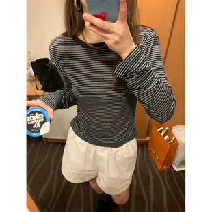 内搭上衣女 显瘦圆领条纹长袖 秒发 万能T恤26早春韩国东大门修身