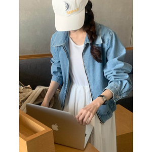 秒发！减龄学院风2023年秋季新品韩国浅蓝色拉链翻领牛仔外套女