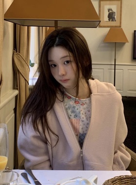 现货！粉色摇粒绒卫衣2026韩国smooth*ood立体字母刺绣连帽外套女