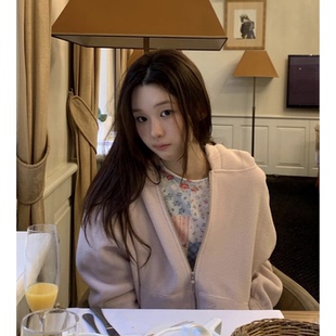 粉色摇粒绒卫衣2026春韩国smooth ood立体字母刺绣连帽外套女