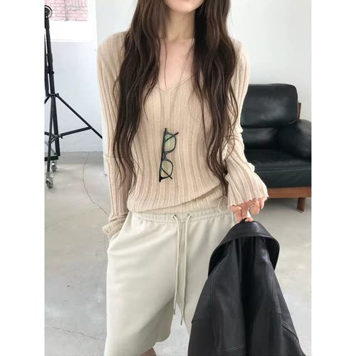现货！nuese薄款针织衫韩国东大门26秋新款气质简约v领抽绳上衣女