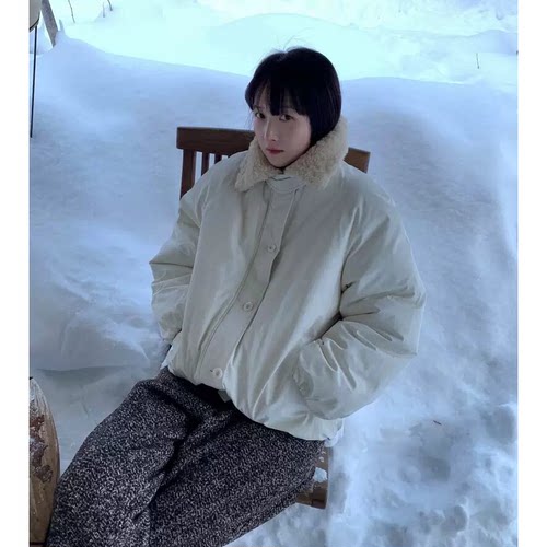 现！美娜家26秋冬新款韩国lerobe宽松毛毛翻领拉链夹克棉服外套女